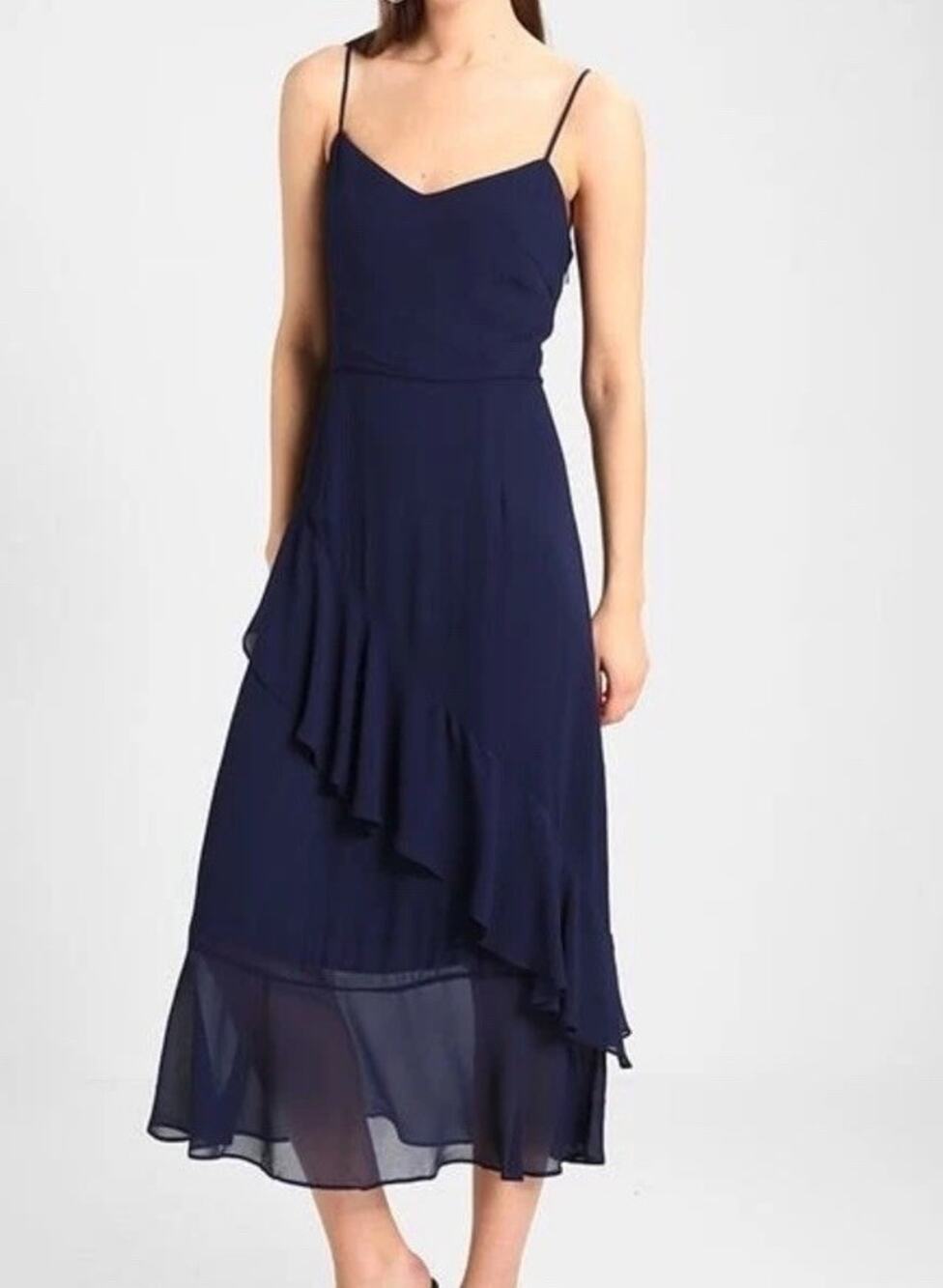 Whistles Amber Frill Midi Dress — UK 14 / US 10 Navy Ruffle Wedding Guest